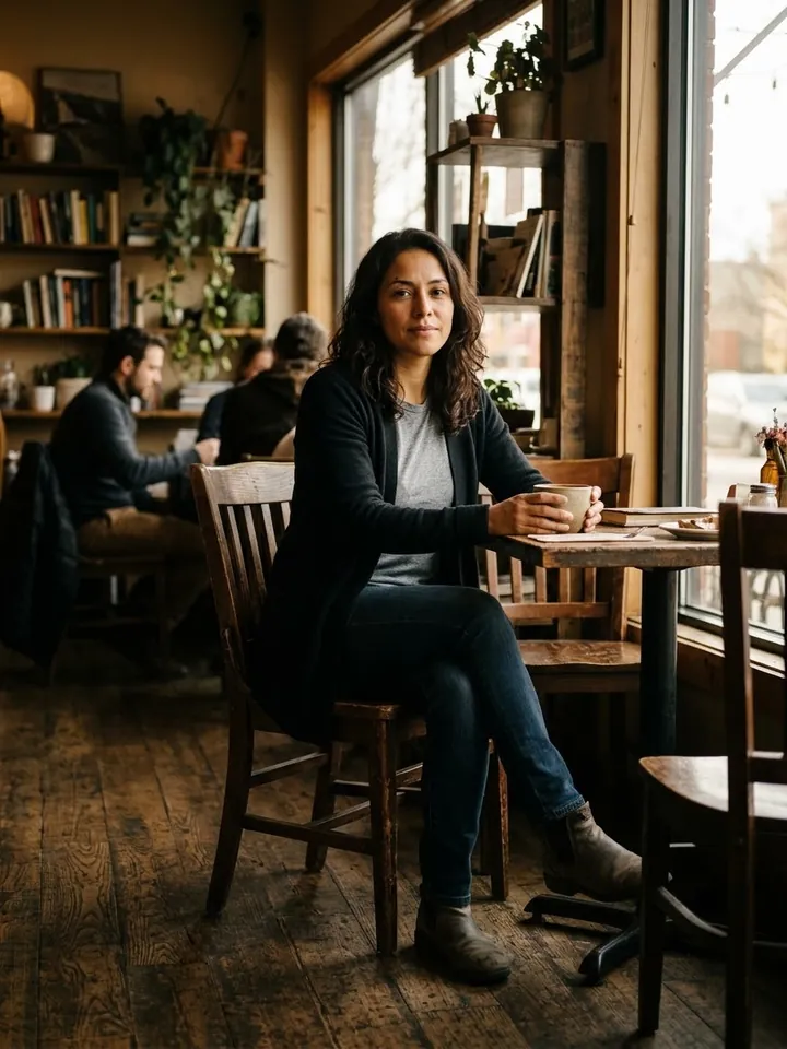 Lucía sentada en un café
