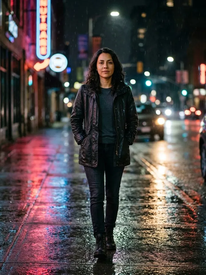Lucía en una calle mojada de noche, con luces de neón, en estilo de cine