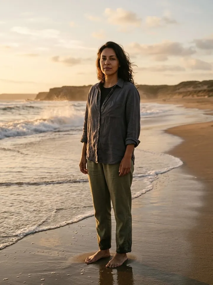 Lucía en la playa al atardecer
